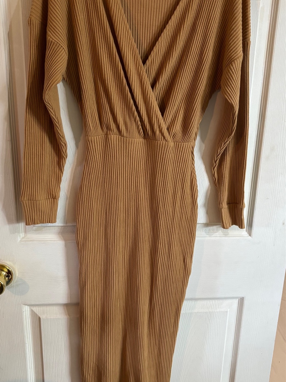 ASOS Ribbed Long-Sleeve Wrap-Front Maxi Dress in Camel Brown